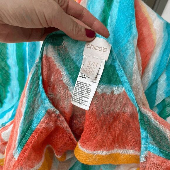 Chico’s Linen Poncho Top S/M OS Chevron Teal Coral Beachy Oversized Flowy - Picture 3 of 8